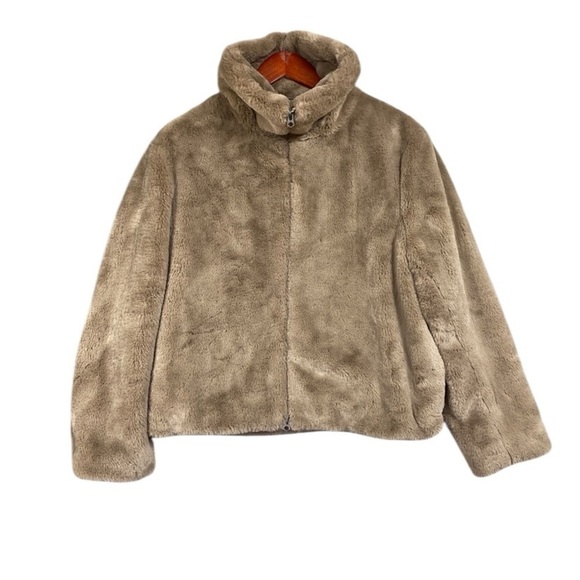 French Connection Faux Fur High Neck Zip Jacket Womens Size M Brown - Picture 1 of 8